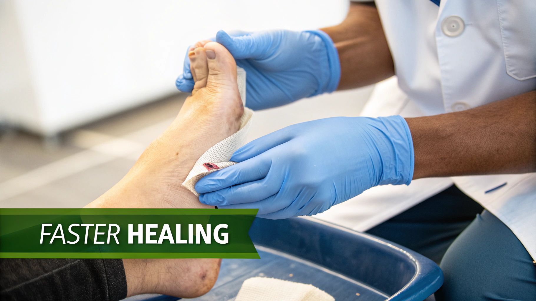 A medical professional in blue gloves applies a dressing to a foot wound for faster healing.