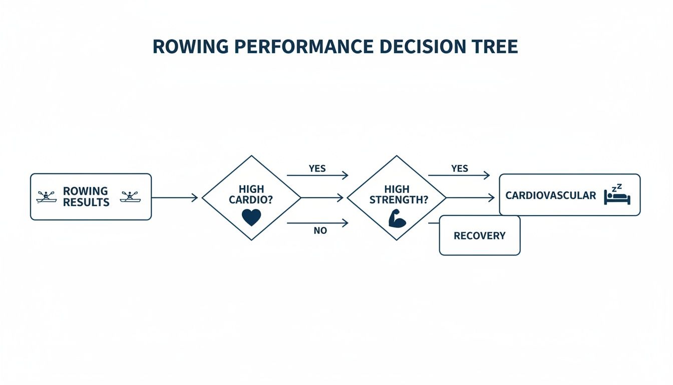 A rowing performance decision tree flowchart illustrating steps to improve rowing results based on cardio and strength.