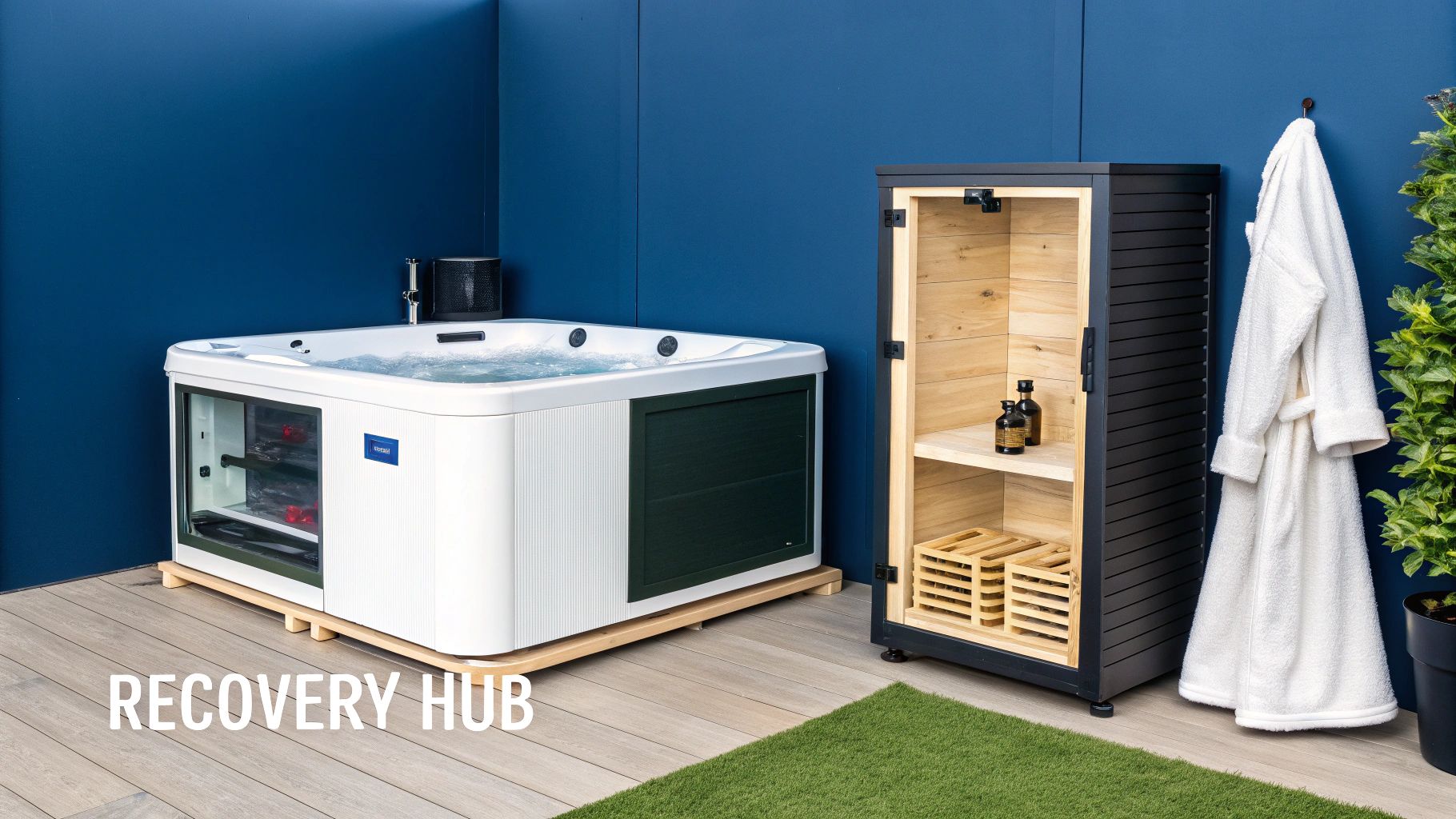 A recovery hub featuring a white hot tub, wooden cabinet with bath essentials, and a hanging bathrobe.