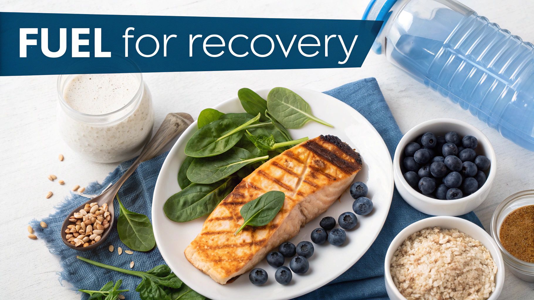 A nutritious meal featuring grilled salmon, spinach, blueberries, oats, and nuts, ideal for recovery.