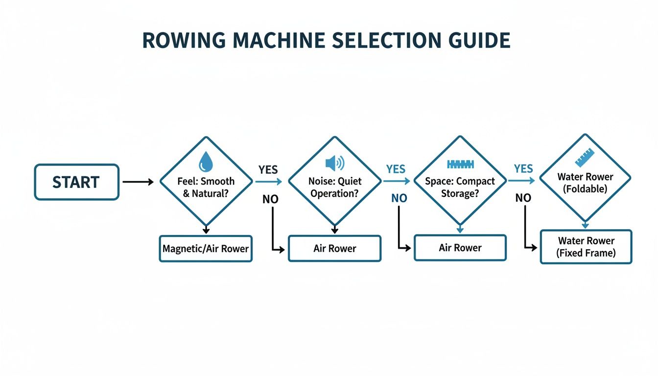 Flowchart guiding the selection of a rowing machine based on preferences for feel, noise, and storage.