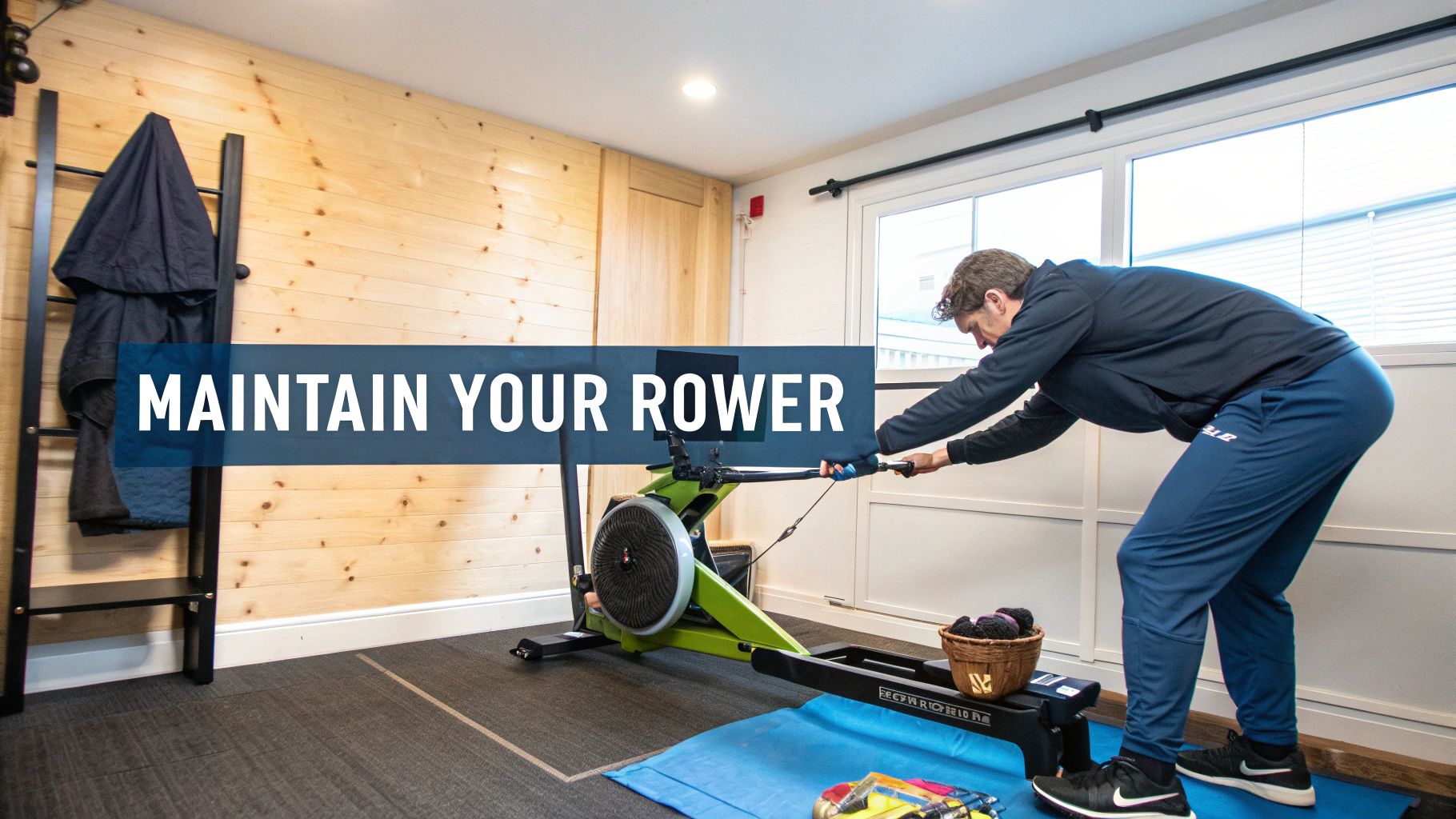 A man carefully maintaining a green rowing machine in a well-lit home gym.