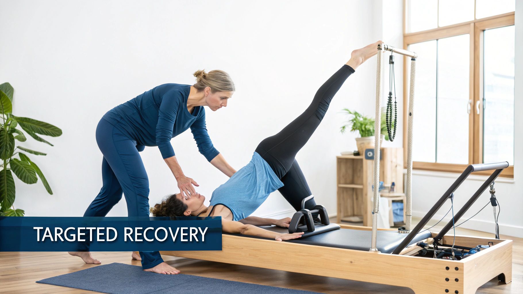 An instructor assists a woman performing a leg lift on a Pilates reformer for targeted recovery.