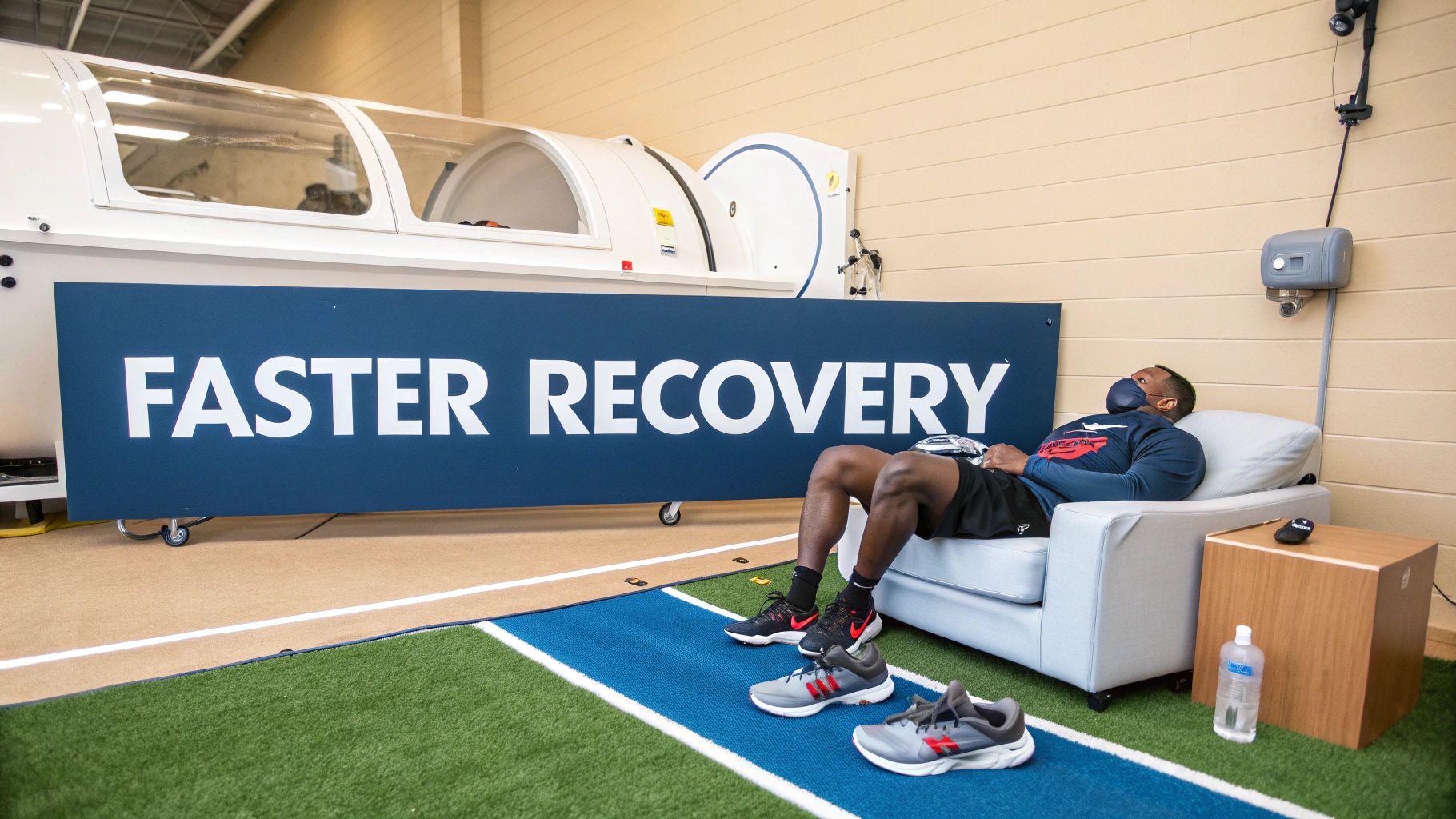 Athlete recovering in a hyperbaric chamber