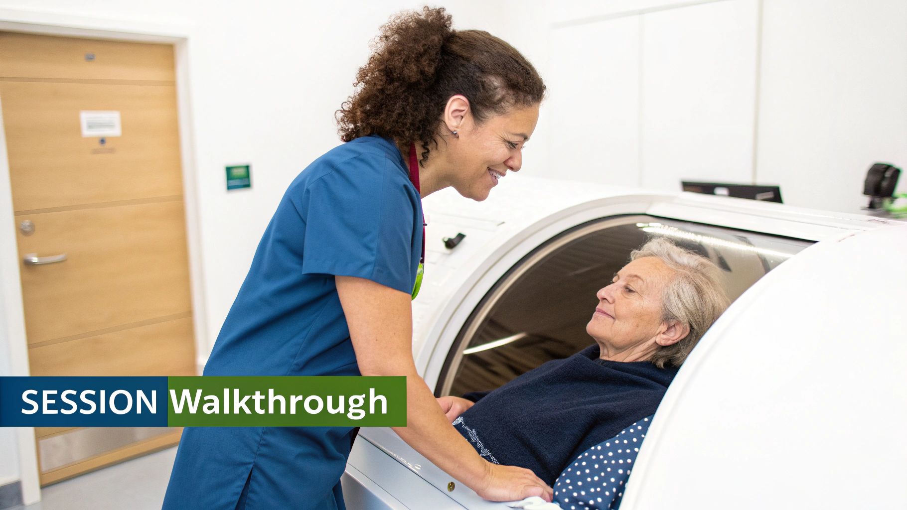 Smiling healthcare worker assists an elderly patient inside a hyperbaric oxygen therapy chamber.