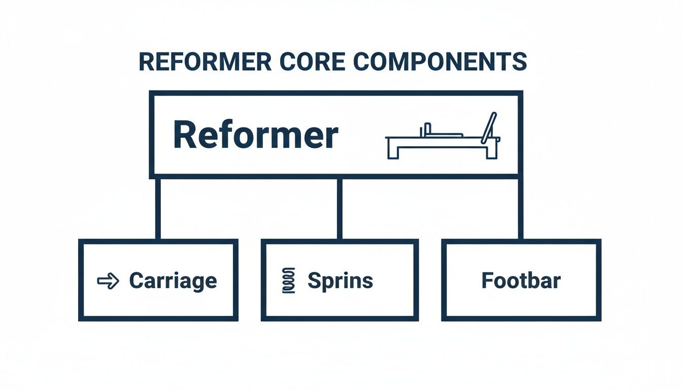 Flowchart showing the main parts of a Pilates reformer: carriage, springs, and footbar.