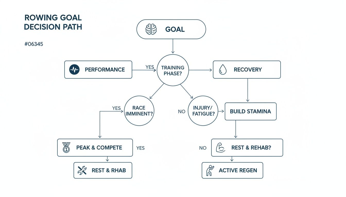 A flowchart mapping a rowing goal decision path through different training phases and recovery options.