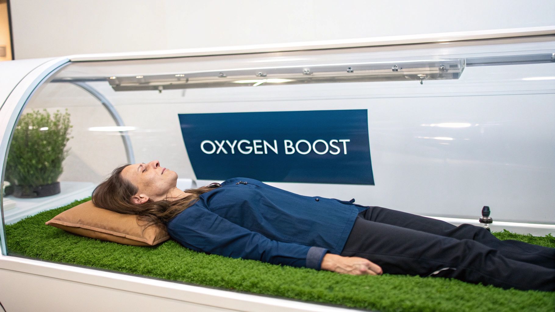 A person rests inside a hyperbaric chamber with a green mat and an 'Oxygen Boost' sign.