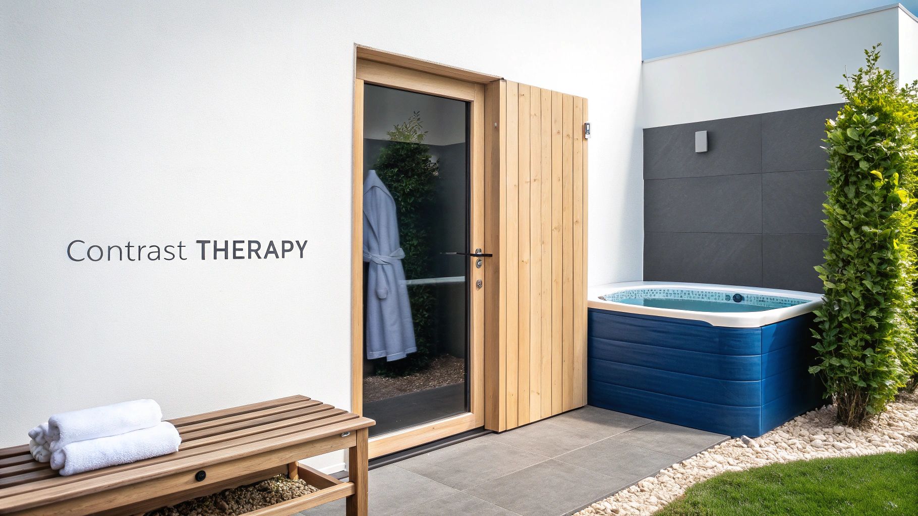 An outdoor contrast therapy area featuring a white wall, a wooden door, a blue hot tub, and a bench with white towels.