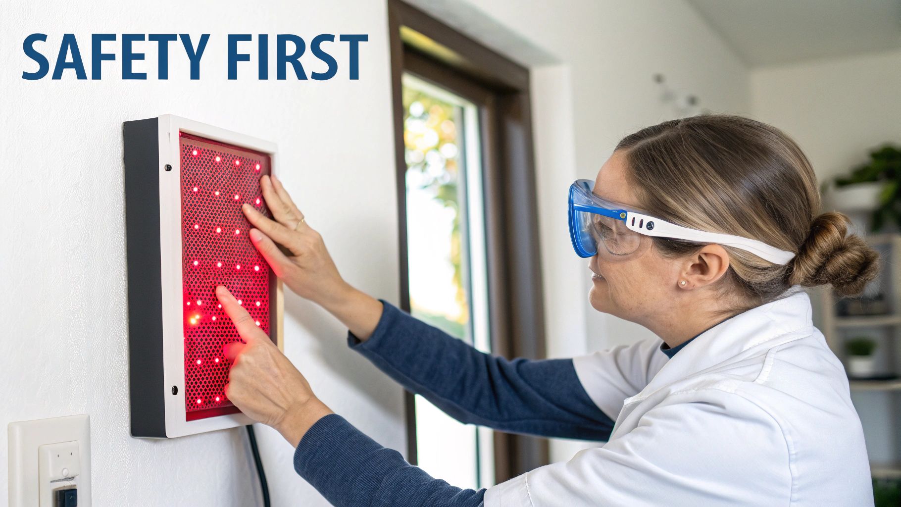 A woman wearing safety goggles and a lab coat demonstrates a red light therapy device with 'SAFETY FIRST' prominently displayed.