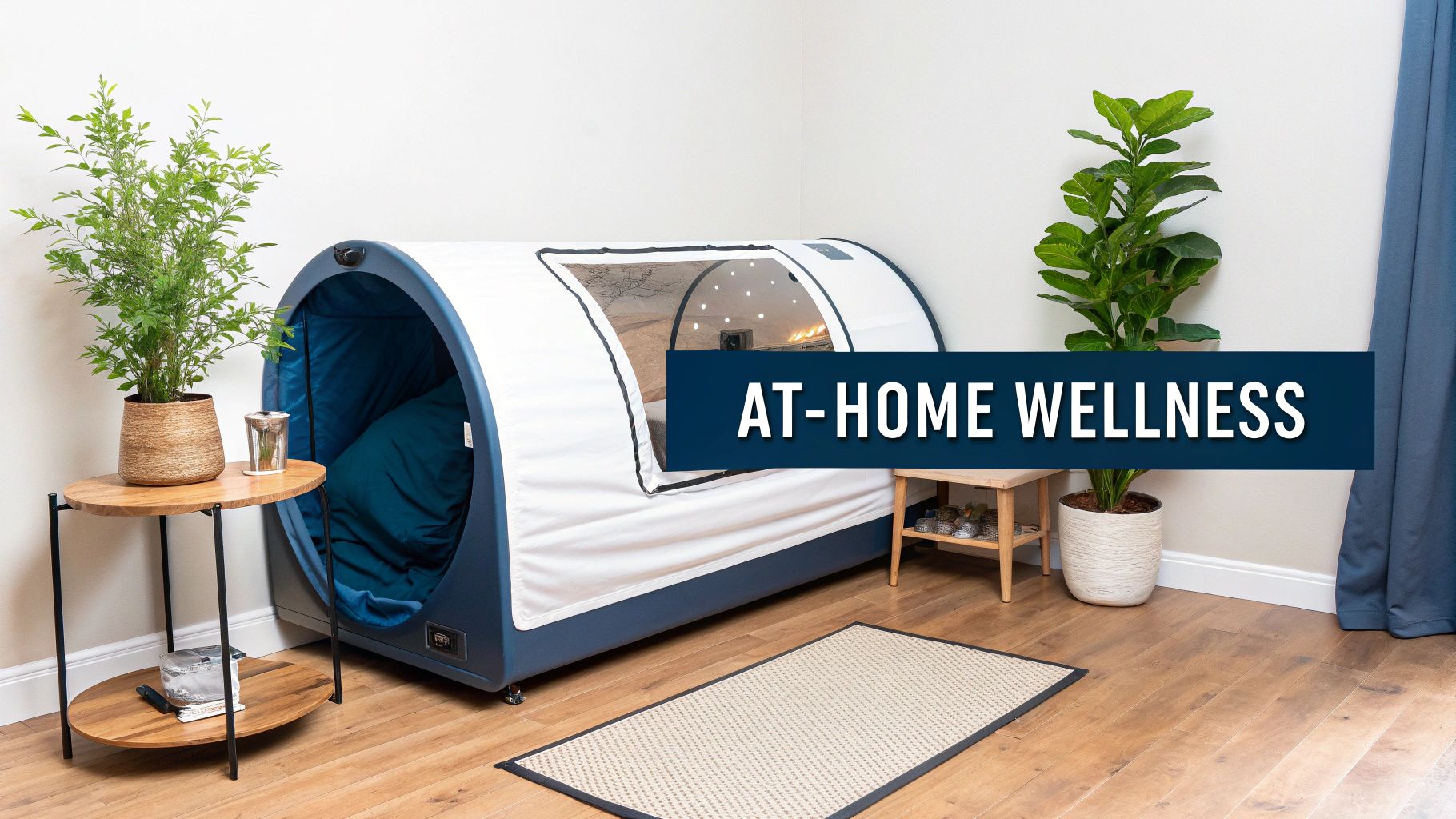 A modern home wellness setup featuring a blue and white hyperbaric chamber, surrounded by green plants.