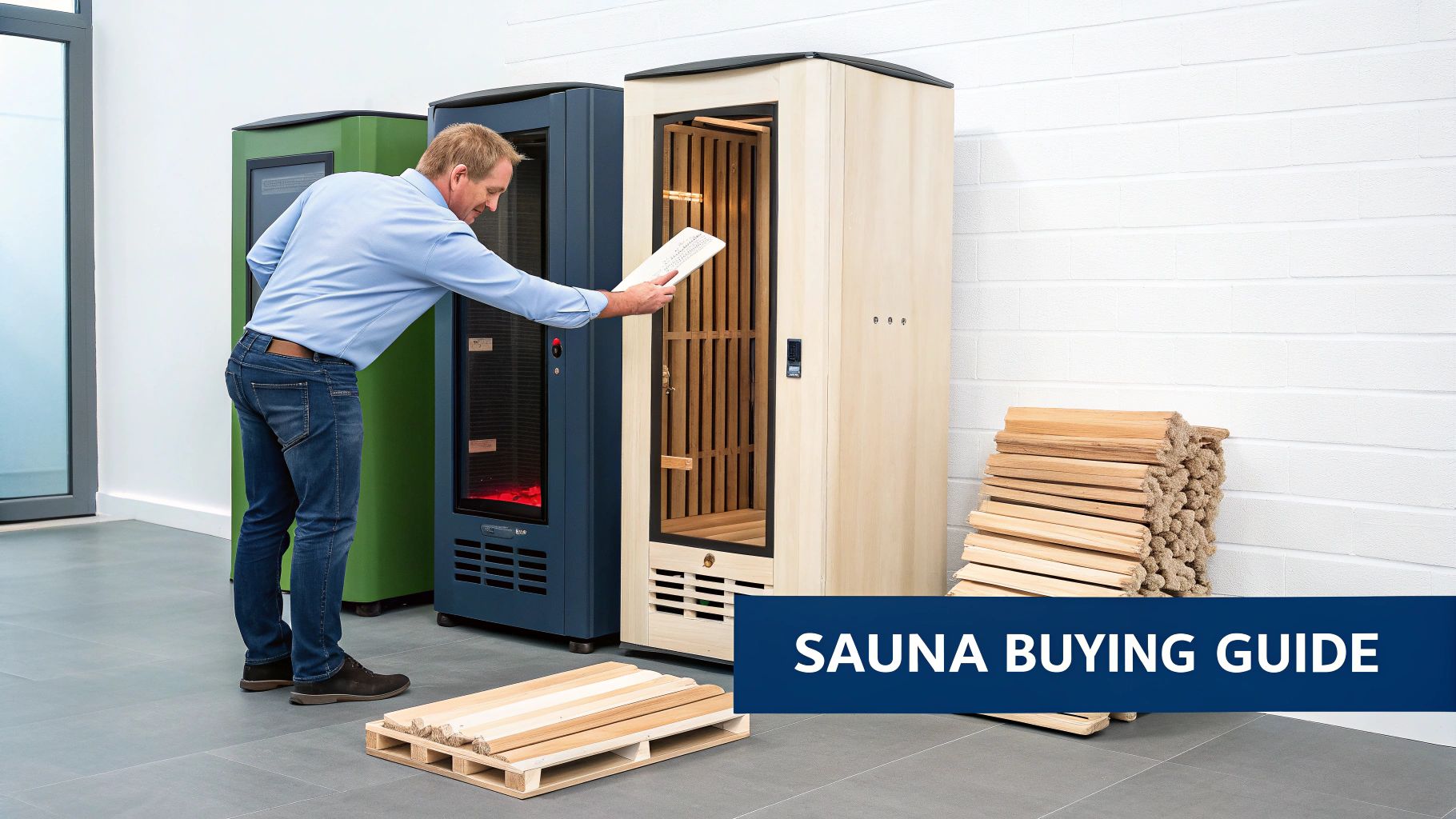 A man in a blue shirt inspects a modern light wooden infrared sauna cabinet in a showroom.