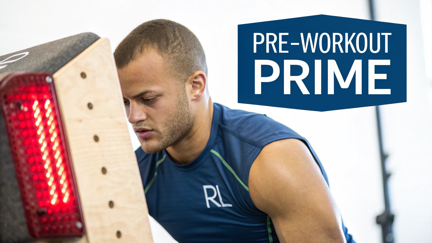 A man undergoing red light therapy, leaning on a device, with 'PRE-WORKOUT PRIME' text.