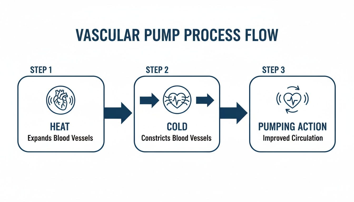 Flow chart detailing the vascular pump process, showing heat and cold therapy for improved circulation.