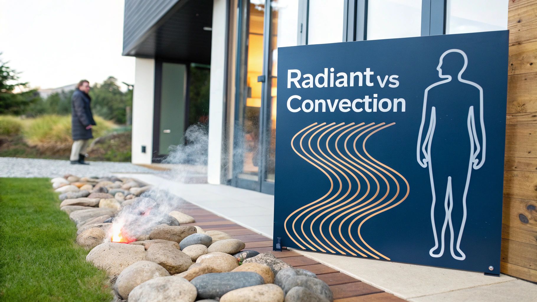 A dark blue sign compares 'Radiant vs Convection' heating with a human outline, near a small outdoor fire.