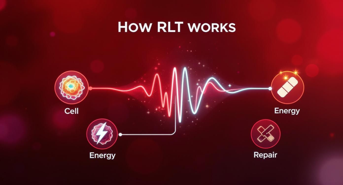 Diagram illustrating how Red Light Therapy (RLT) works, showing cell, energy, and repair processes.