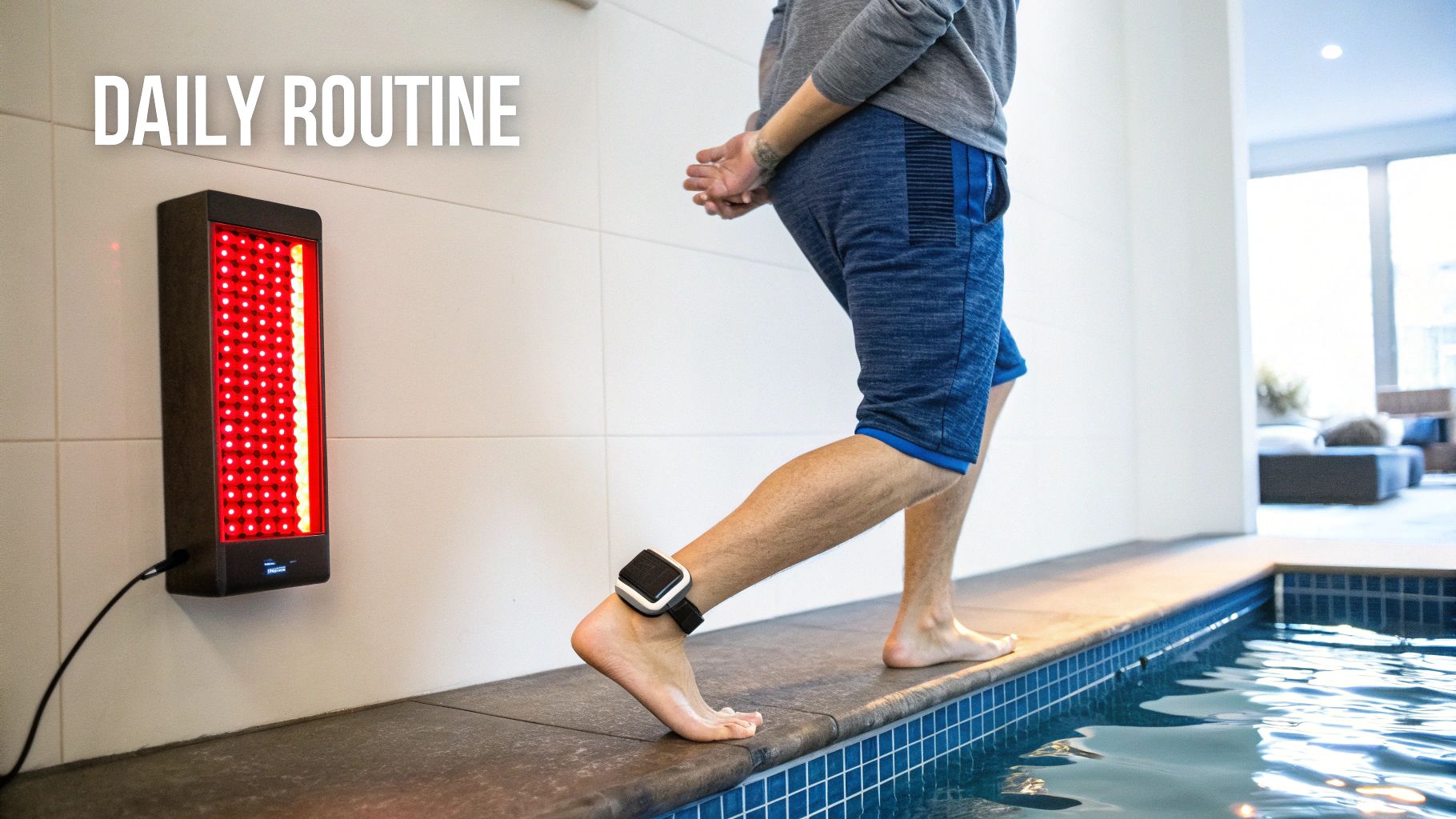 A person performs a lunge next to a pool with a red light therapy panel on the wall.