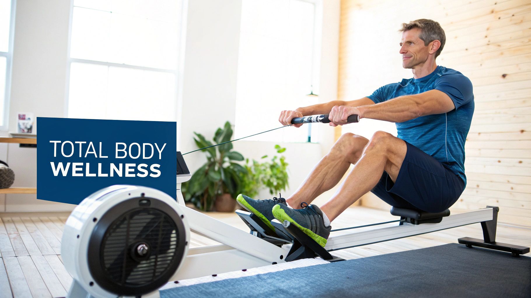 A man in a blue shirt and shorts performs a total body workout on a rowing machine indoors.