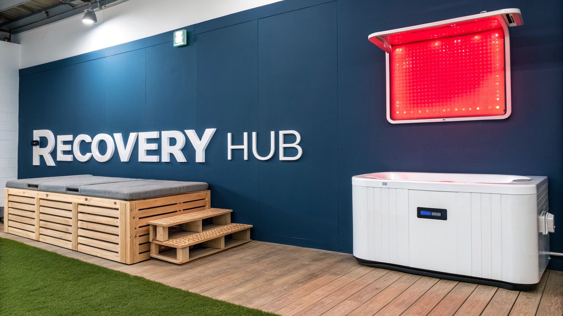 Interior of a modern recovery hub featuring a cold plunge, red light therapy panel, and a white spa.