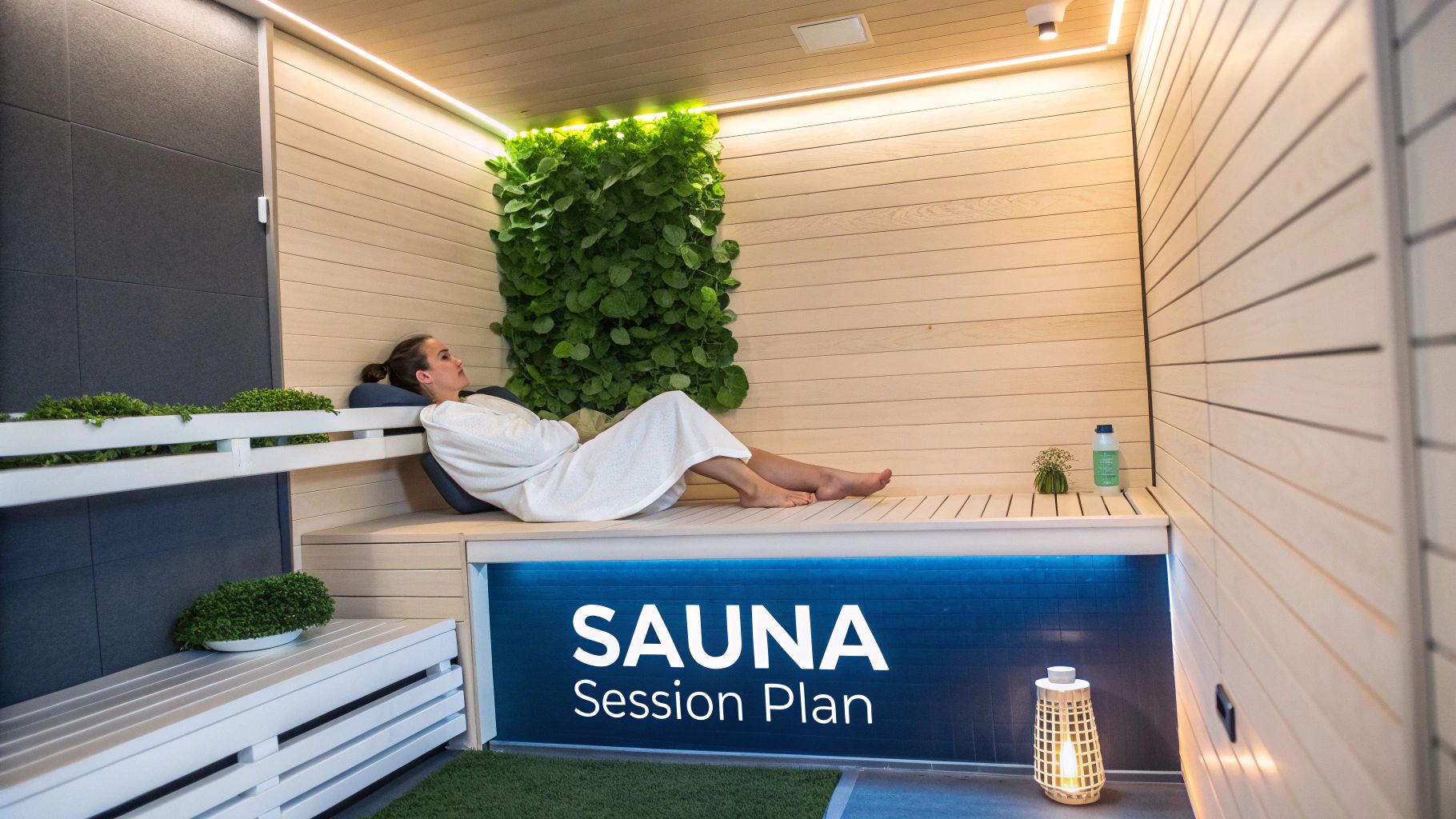 Woman in a white bathrobe relaxing on a wooden bench in a modern sauna room with a green plant wall.
