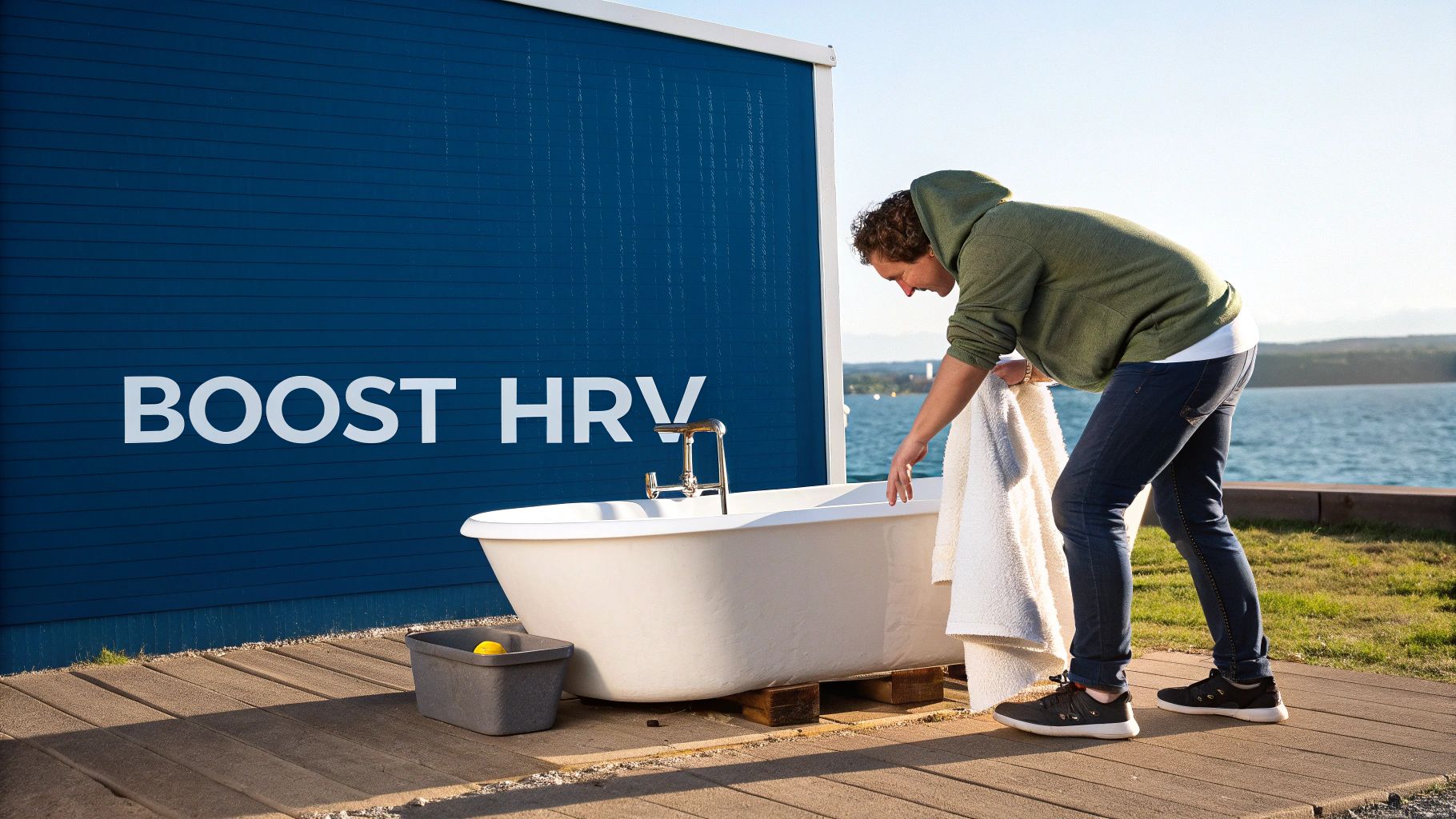 A person in a hoodie and jeans checks a bathtub outdoors next to a blue wall with "BOOST HRV" text, with a lake in the background.