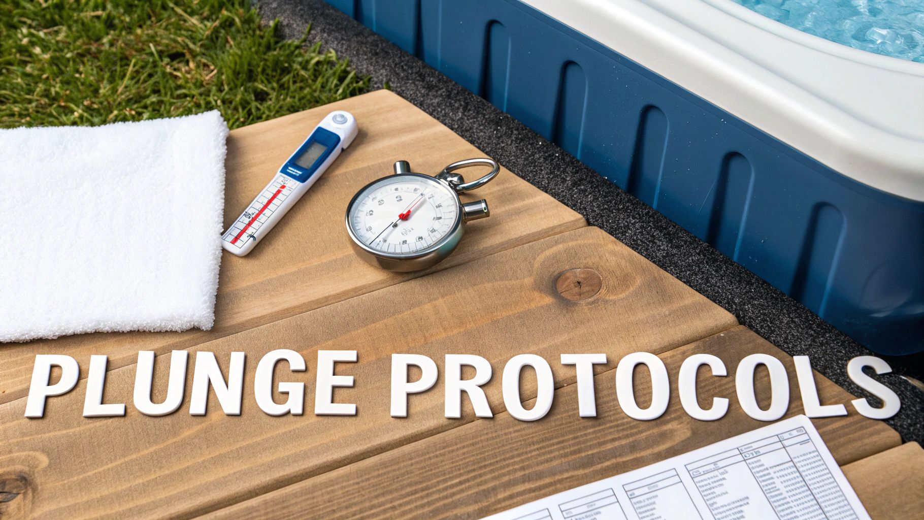 A flat lay shows 'PLUNGE PROTOCOLS' with a thermometer, stopwatch, towel, and cold plunge tub.