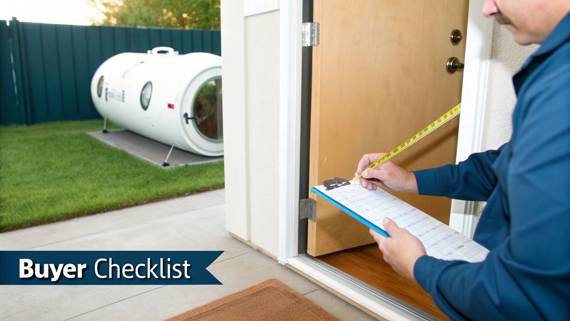 Man measures a door frame with a measuring tape, writing on a clipboard, beside an outdoor hyperbaric chamber.