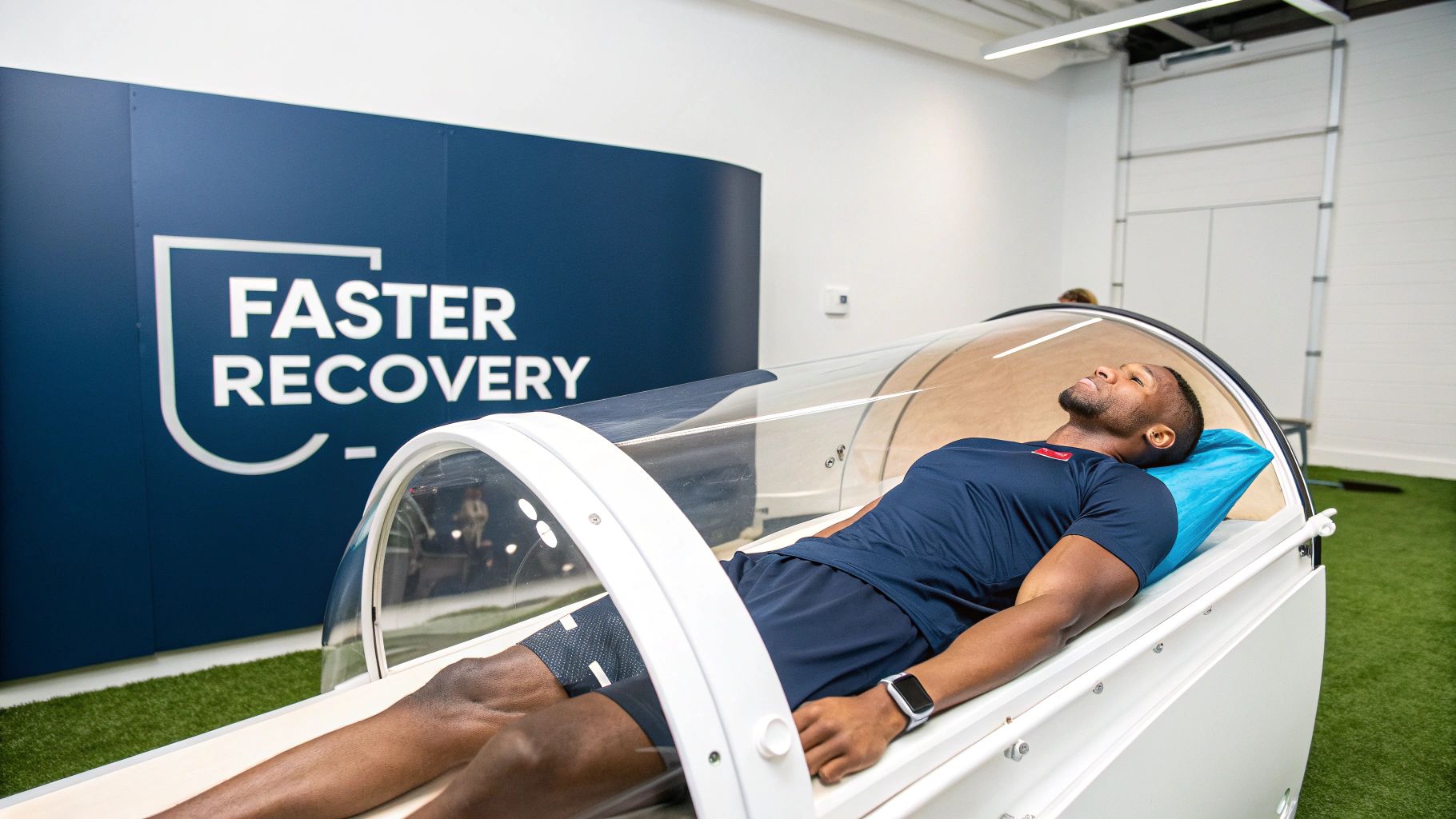 A man lies inside a clear hyperbaric oxygen therapy chamber, with a "FASTER RECOVERY" sign in the background.
