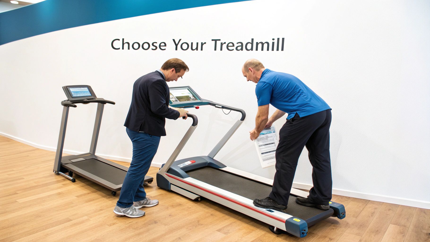 Two men in a modern showroom evaluating and setting up new treadmills for fitness.
