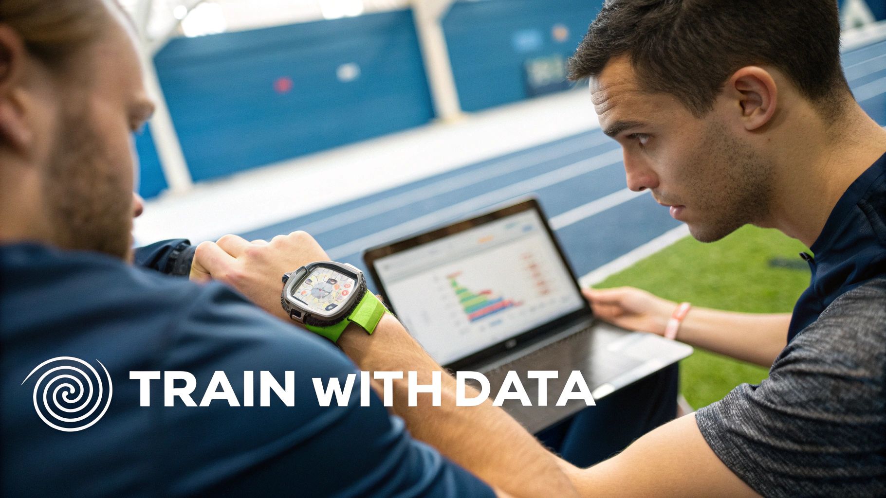 Two athletes analyze performance data on a laptop and smartwatch in an indoor track facility.