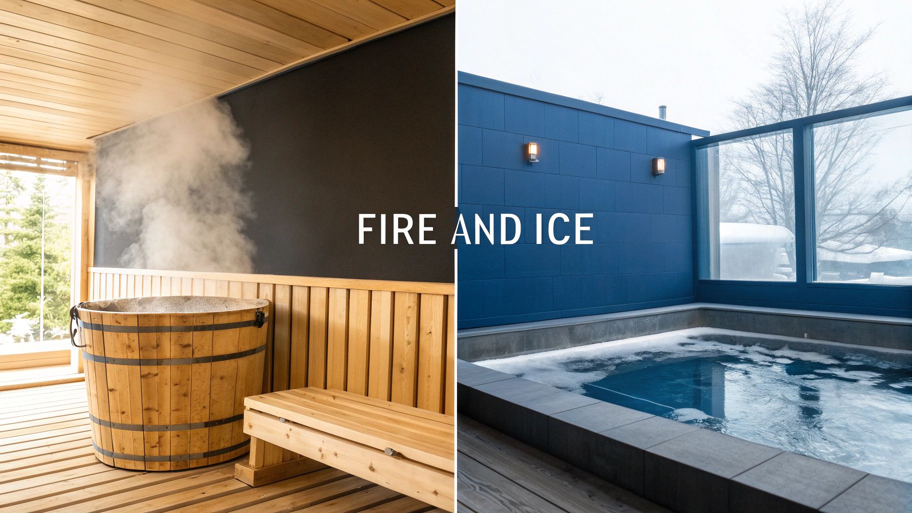 A split image of a steamy wooden sauna interior and an icy outdoor plunge pool, with 'FIRE AND ICE' text.