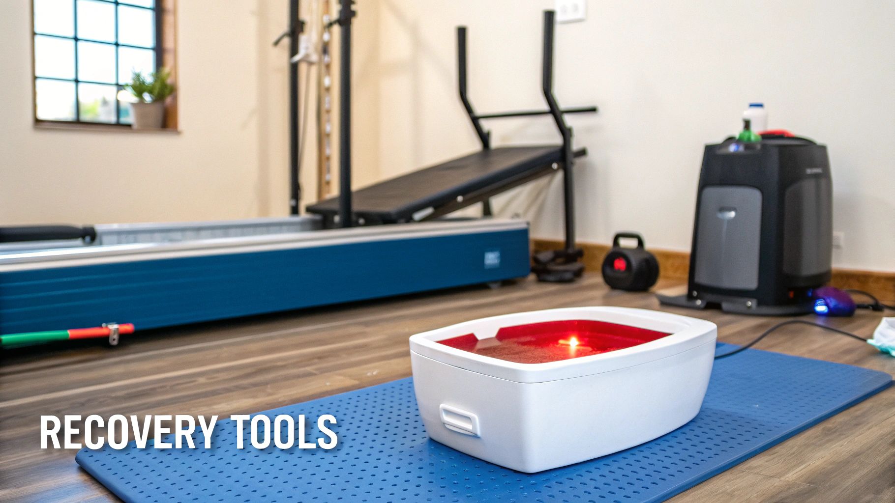 A room with various recovery tools, including a red light therapy device, aquatic treadmill, and other fitness equipment.