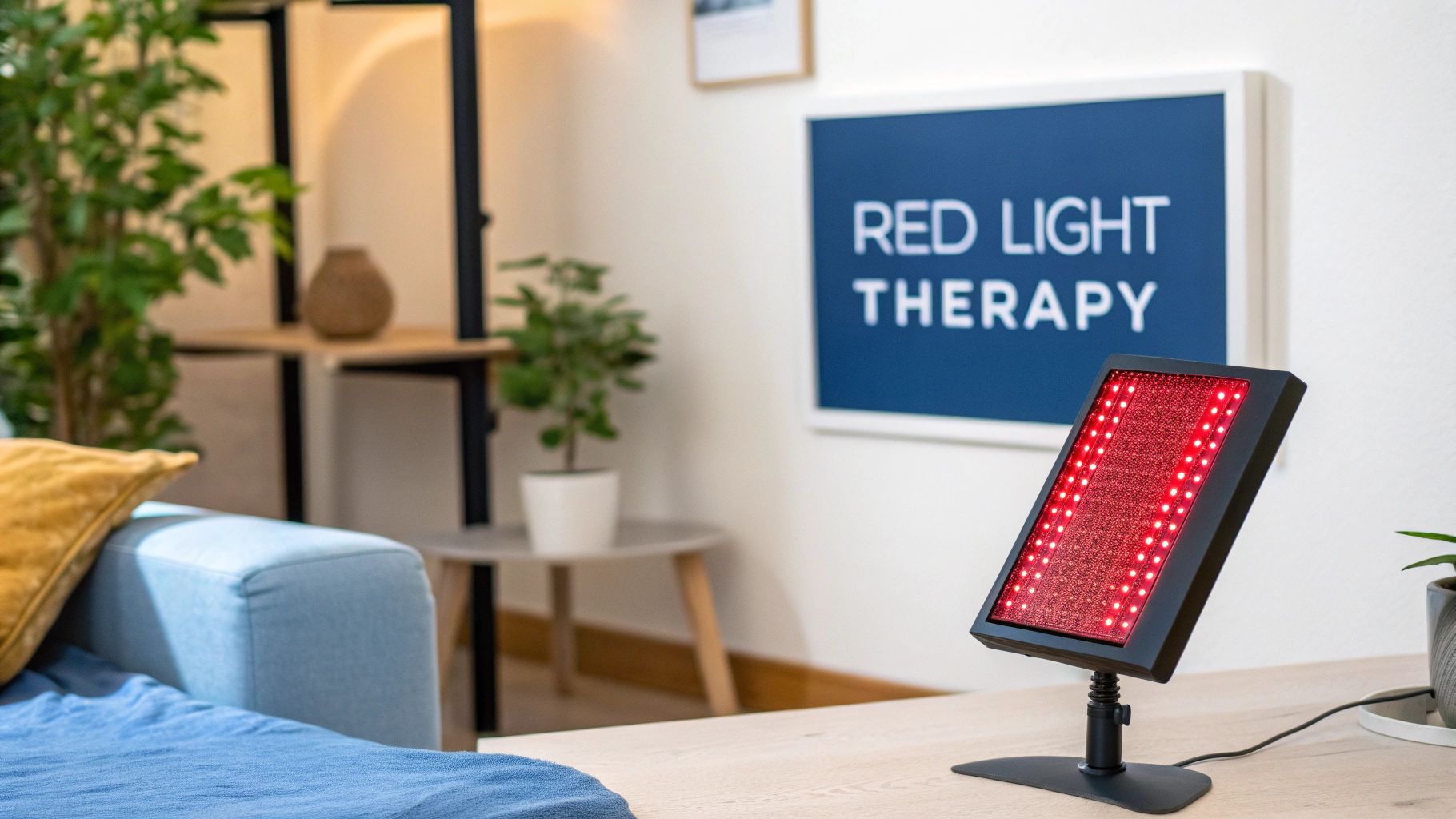 Red light therapy device on a wooden table with a 'RED LIGHT THERAPY' sign on the wall.