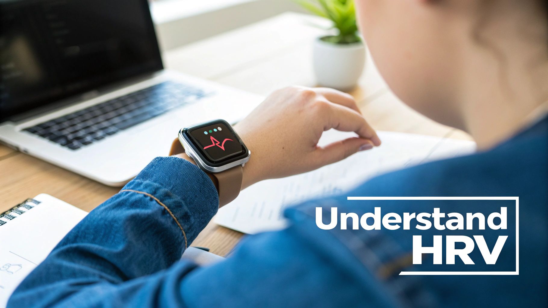 Person wearing smartwatch displaying heart rate monitoring app while working at laptop desk