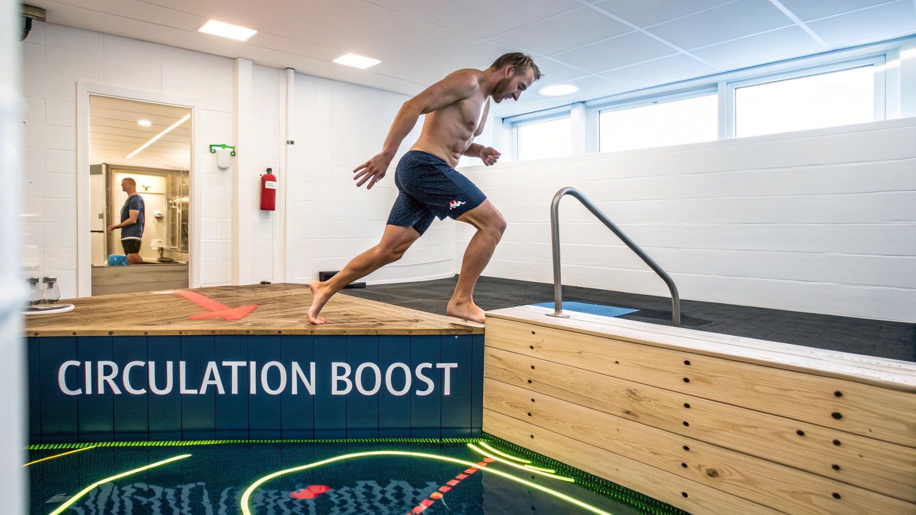 A man in swim shorts steps into a cold plunge pool with glowing lights, labeled "CIRCULATION BOOST."