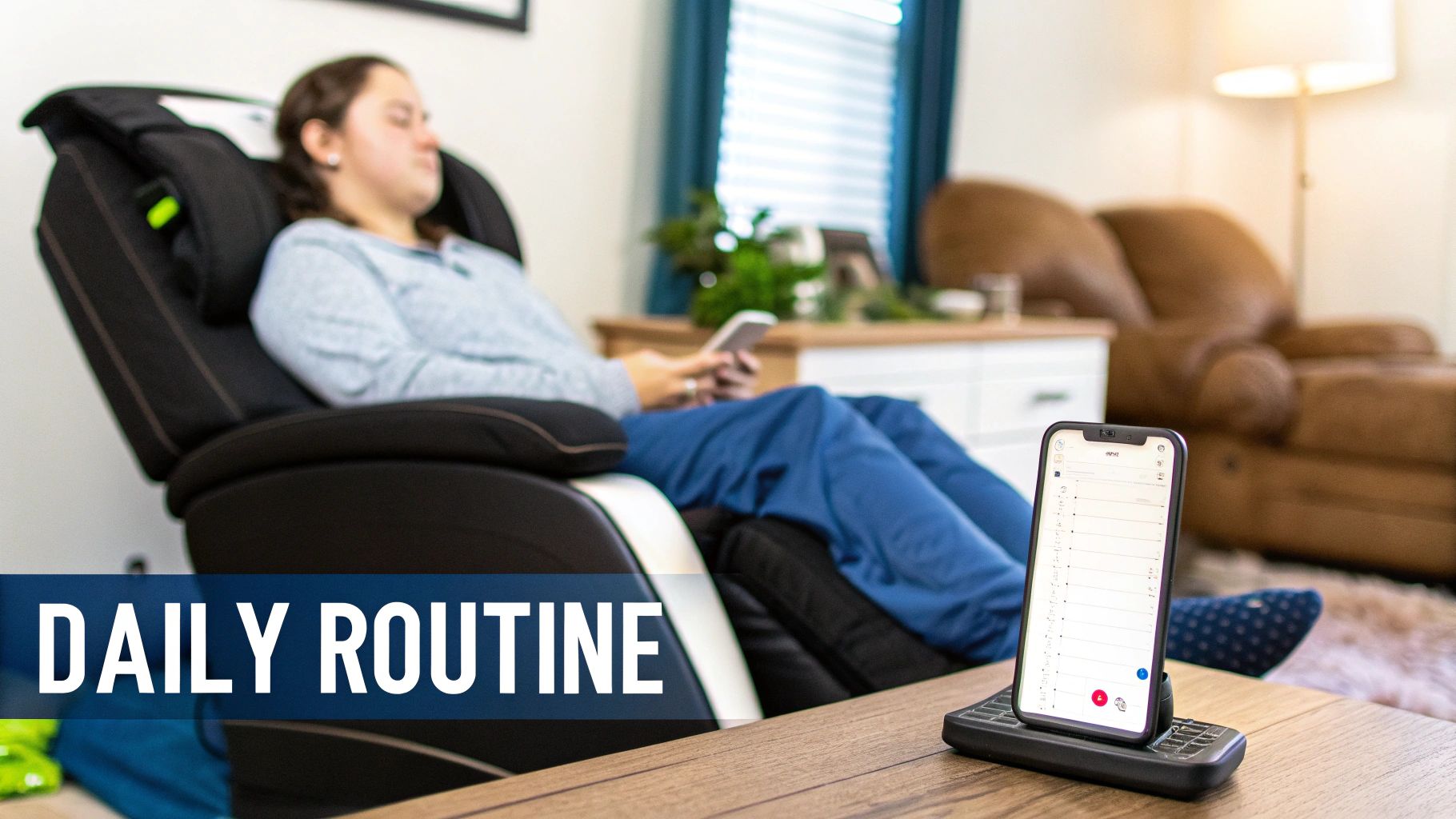 A woman relaxes in a black massage chair, holding a smartphone, with another phone showing a daily routine.