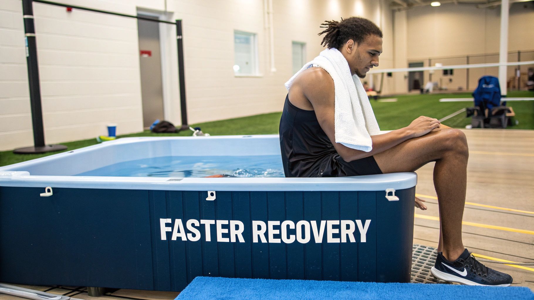 An athlete with a towel around his neck sits on the edge of a cold plunge tub.