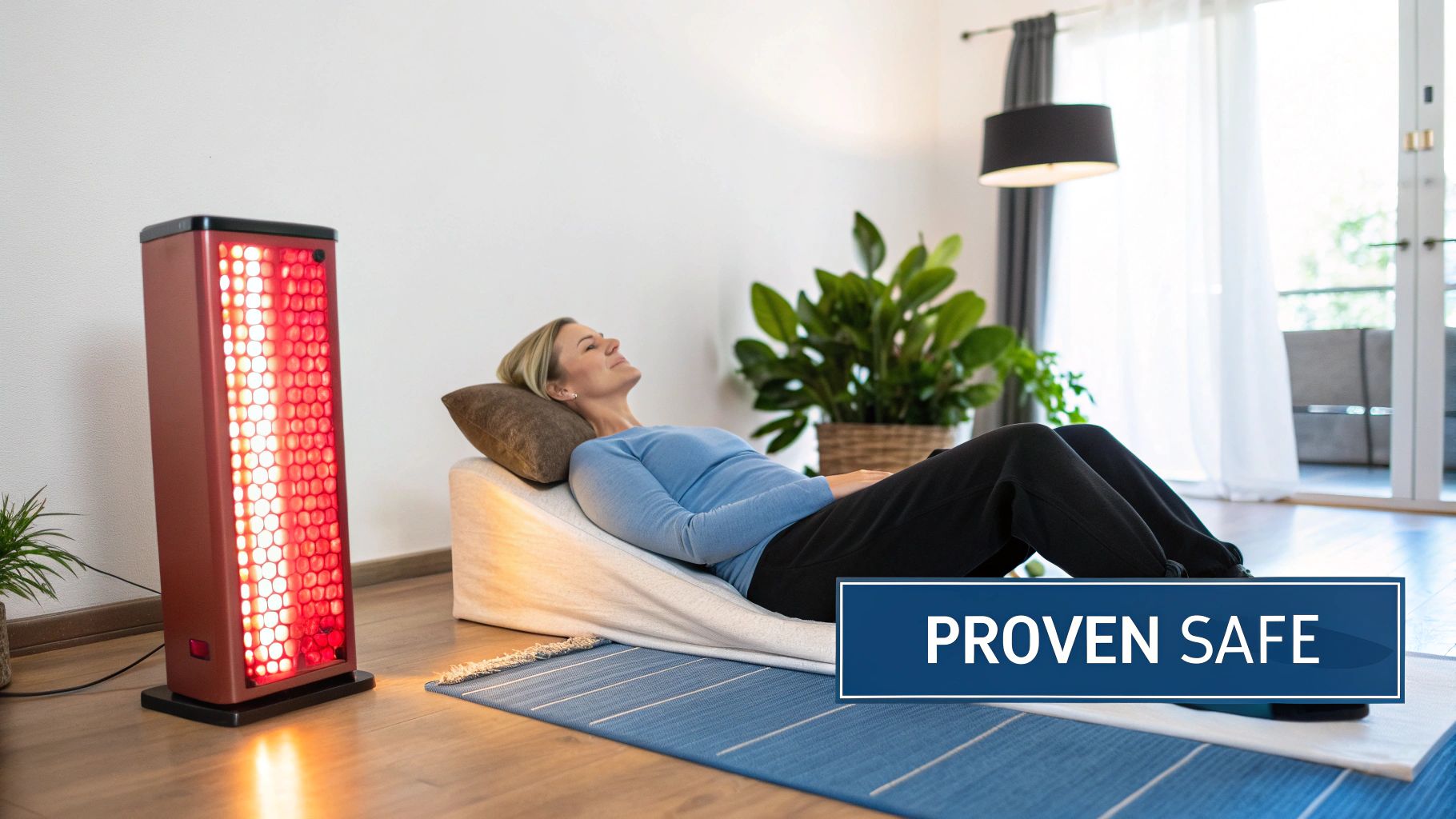A woman relaxing comfortably on a recliner with a tall red light therapy device.