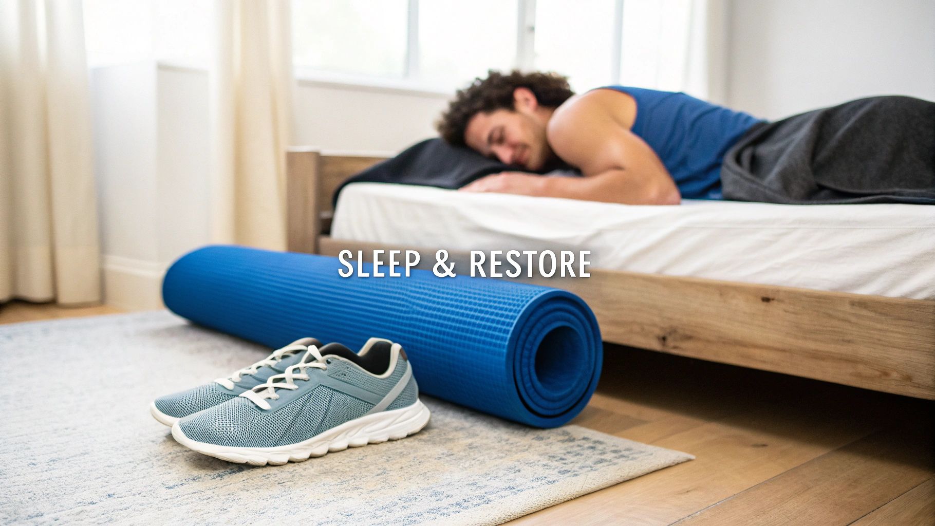 Man sleeping peacefully in bed with yoga mat and sneakers in foreground for athletic recovery