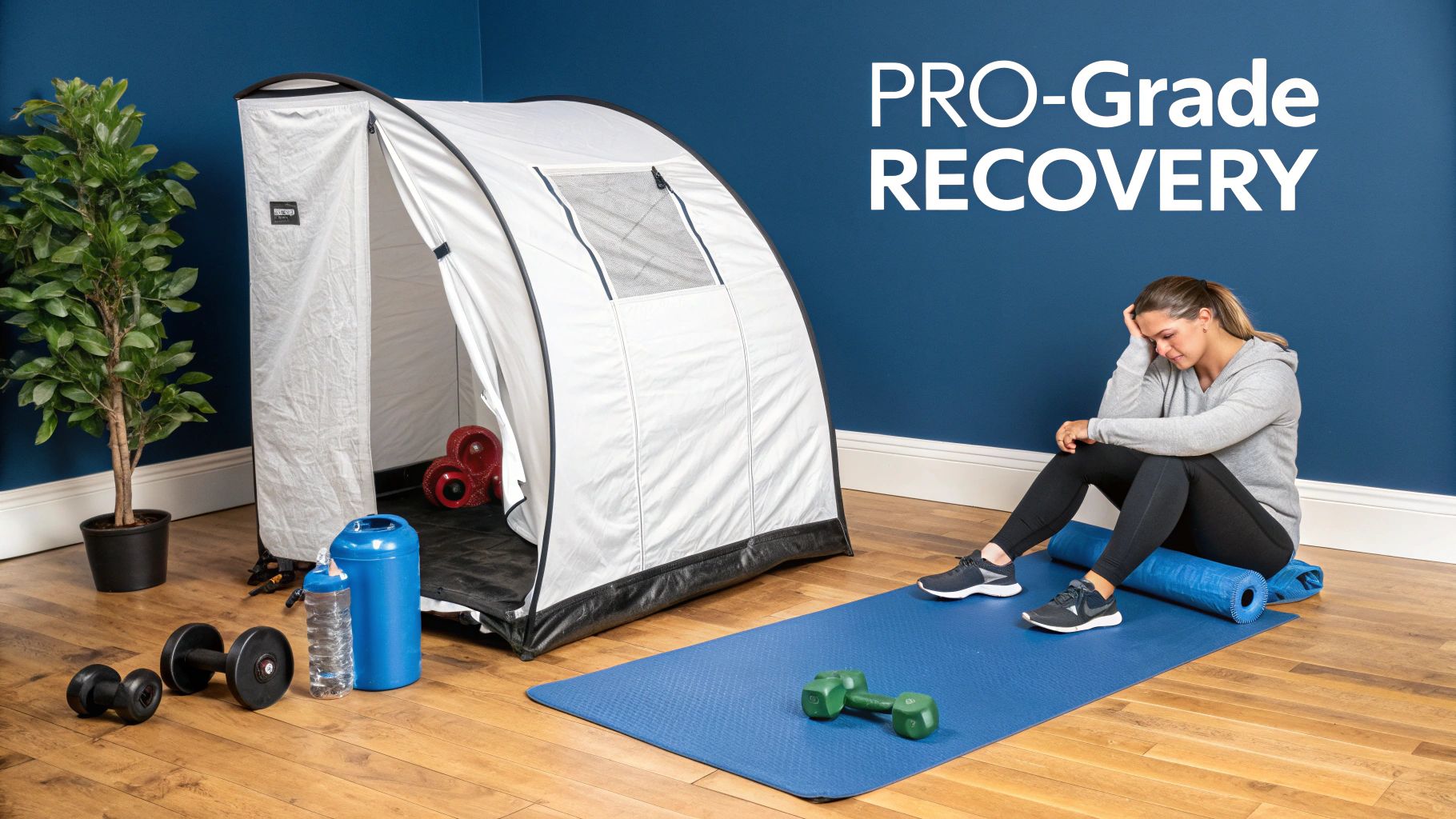 A tired woman sits on a yoga mat next to a white portable sauna tent with workout weights.