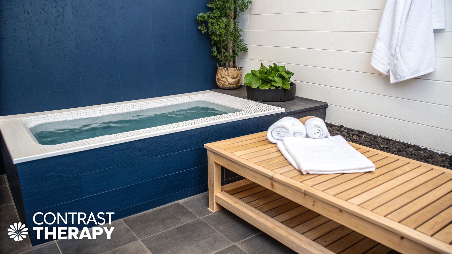 A serene contrast therapy room with a cold plunge pool, a wooden bench with towels, and plants.
