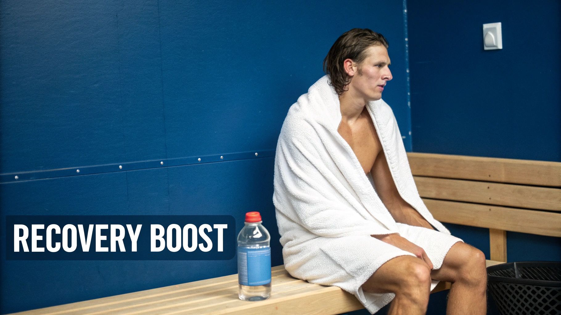 A man wrapped in a white towel sits on a wooden bench with a water bottle, indicating post-workout recovery.