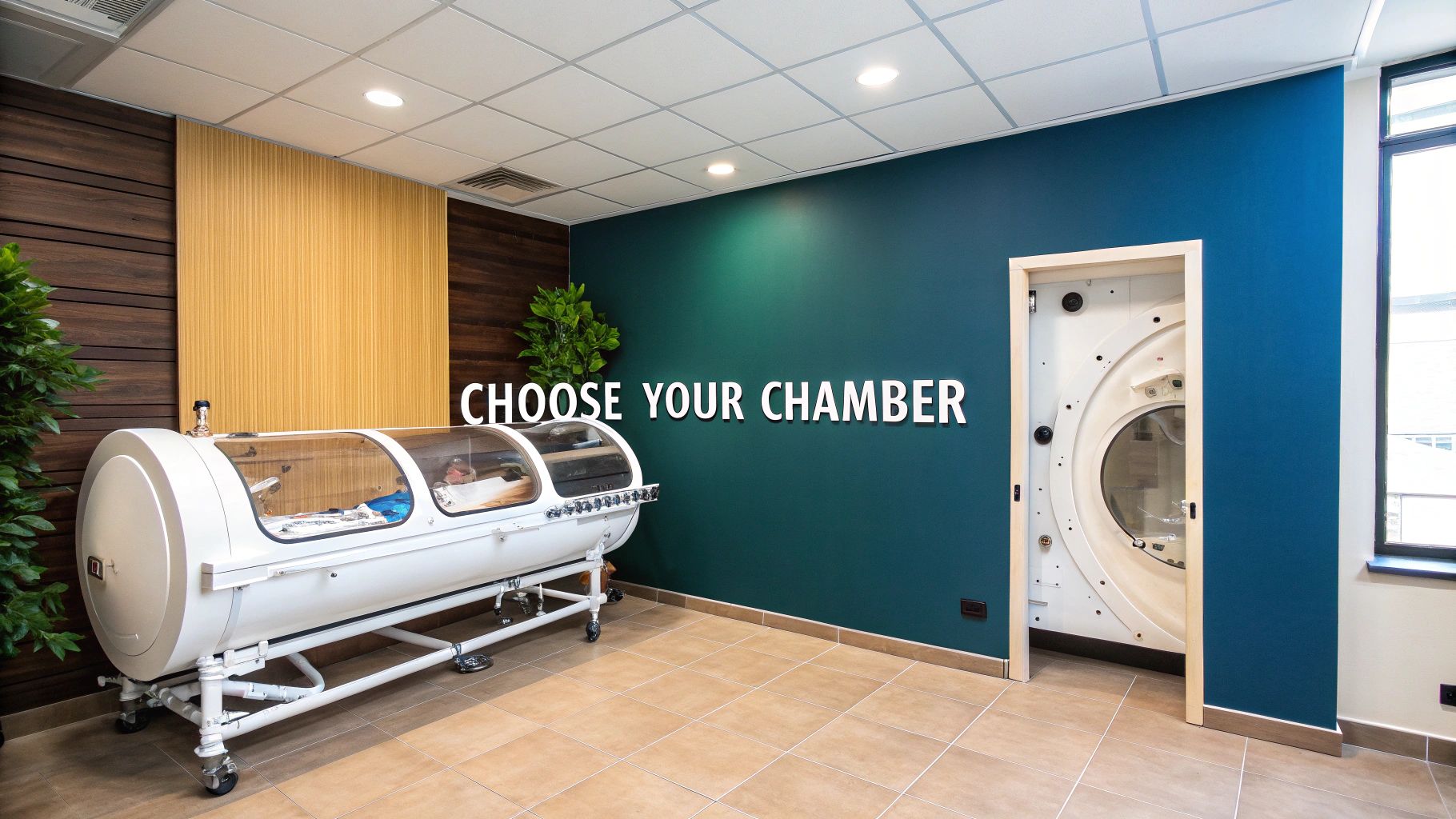 Two hyperbaric oxygen chambers in a modern clinic room, one occupied by a person.