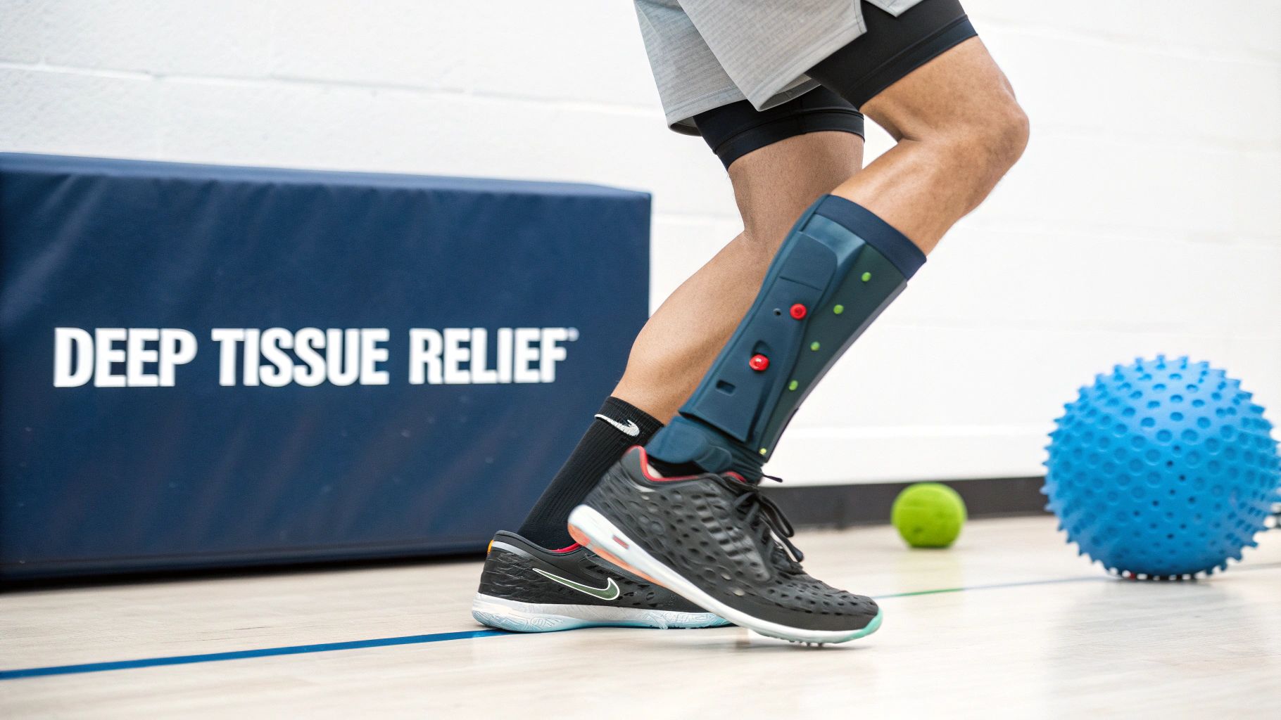 Athlete wearing electronic muscle stimulation device on calf during physical therapy workout session