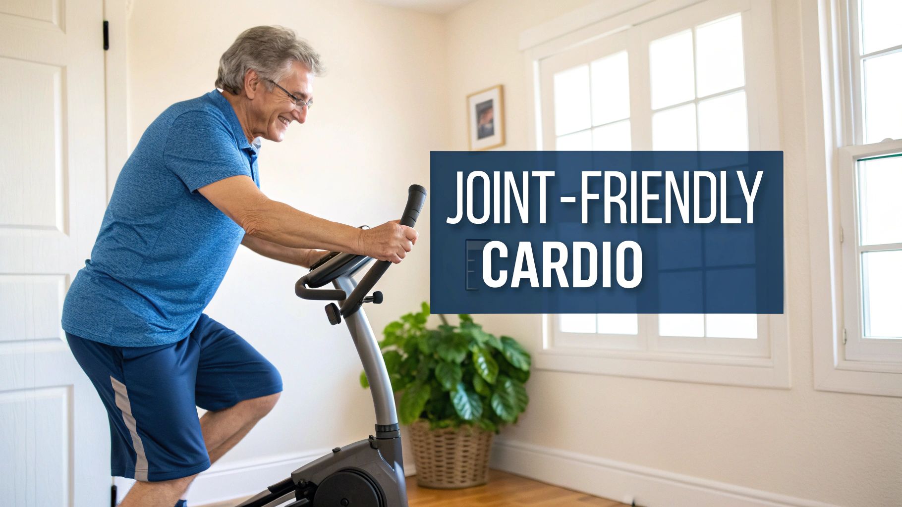 A happy senior man uses an elliptical machine for joint-friendly cardio exercise at home.