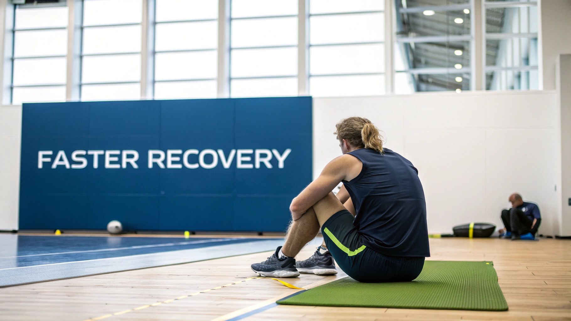 Athletic person resting on yoga mat after workout session in modern fitness facility