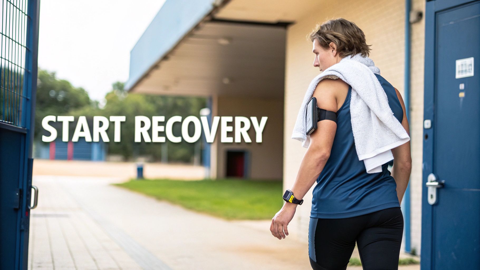 A person in athletic wear with a towel and phone armband walks away after a workout, text "START RECOVERY" overlaid.