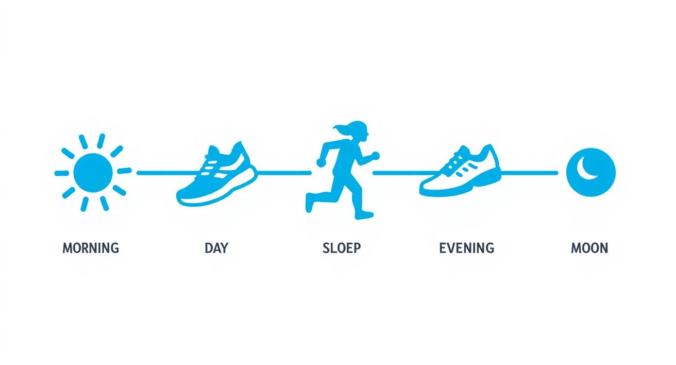 A daily routine timeline showing exercise from morning to evening, ending with the moon.