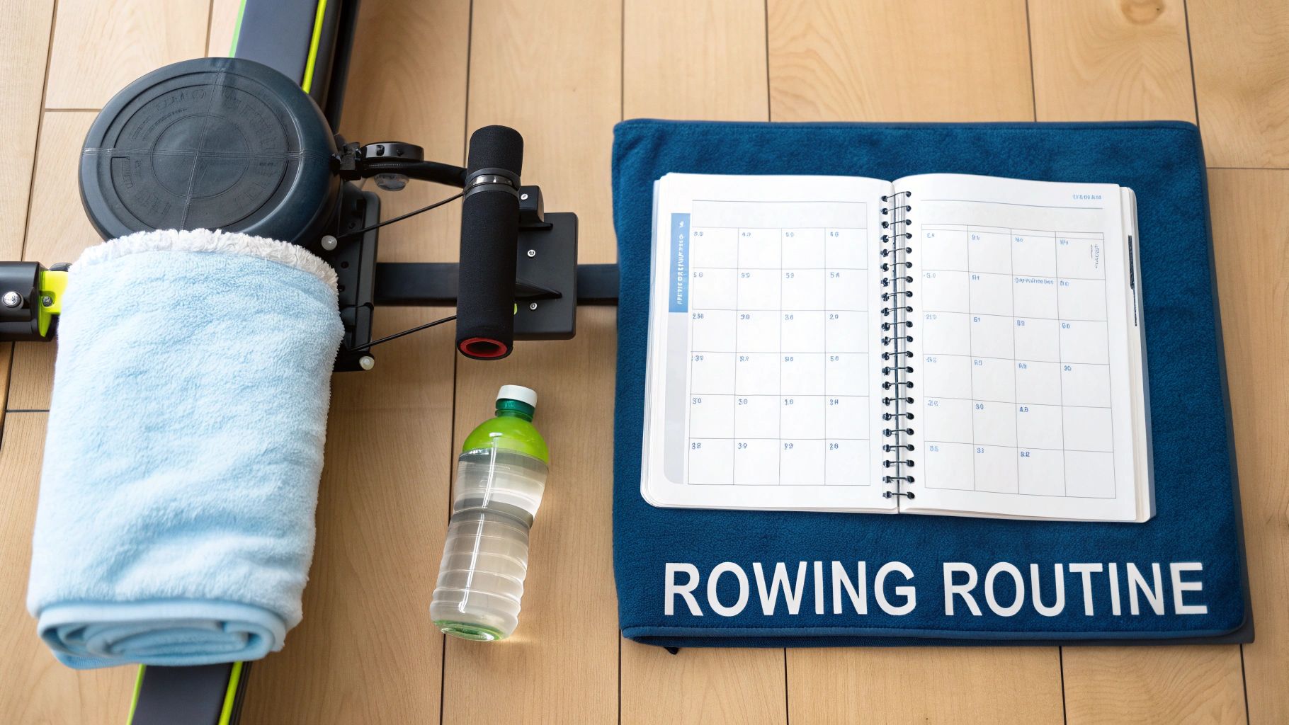 Rowing machine setup with a towel, water bottle, and a planner on a 'ROWING ROUTINE' mat.