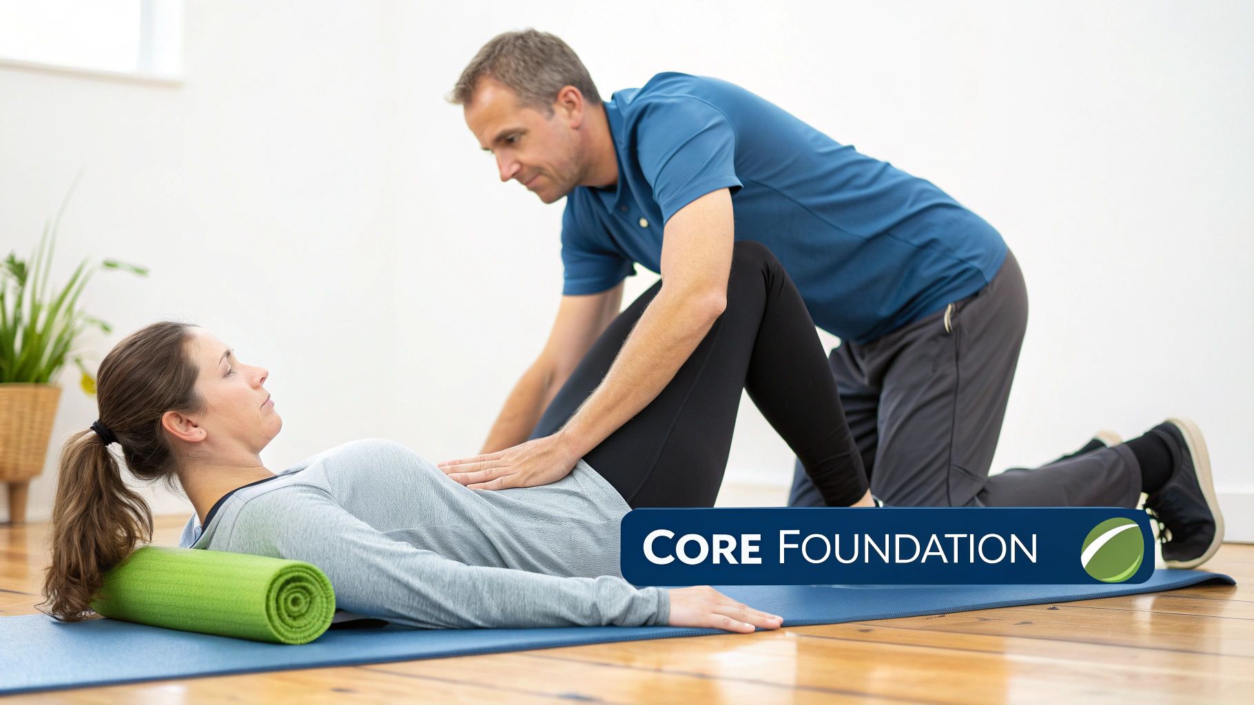 A physical therapist assists a woman with core strengthening exercises on a yoga mat.